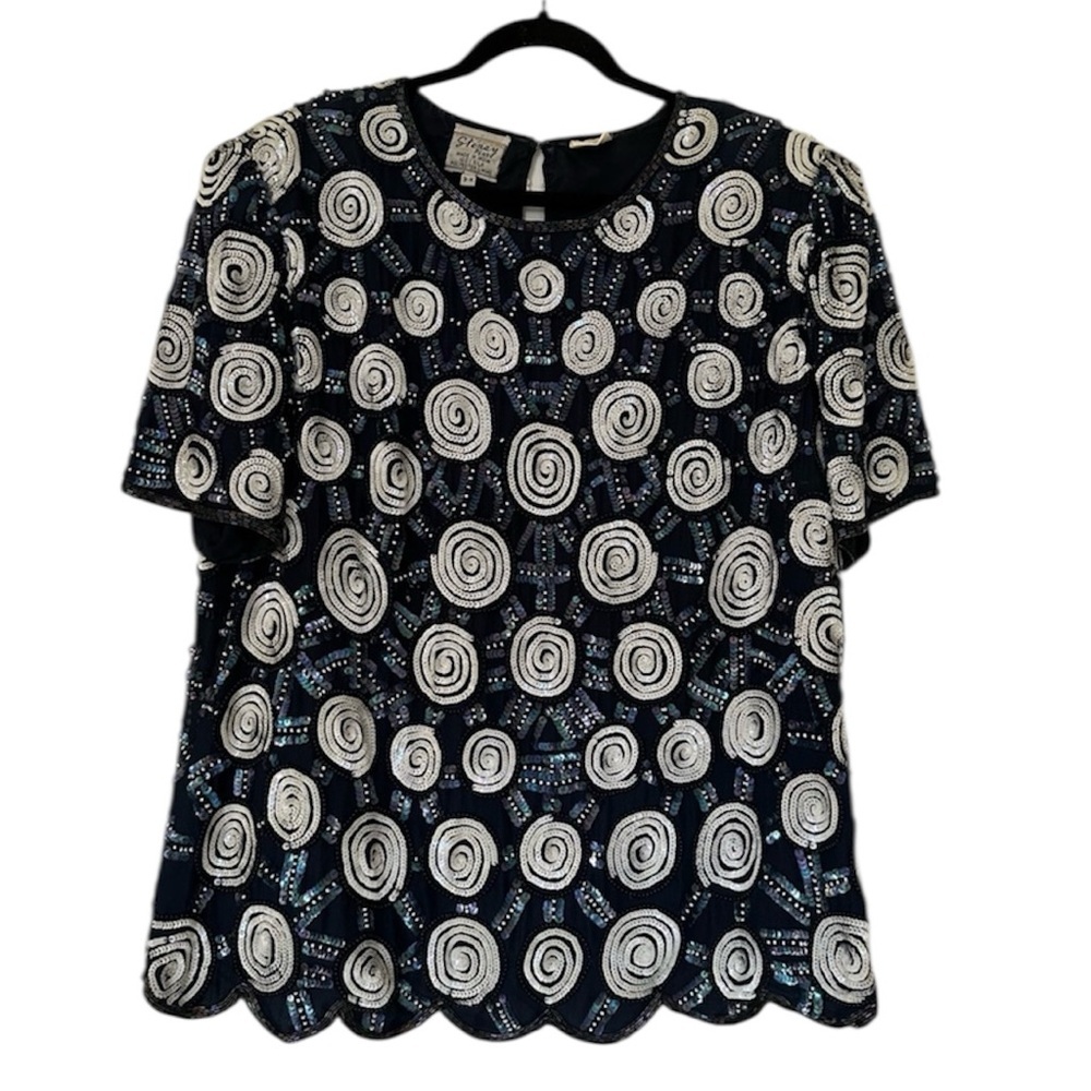 Stenay Vintgae Silk Beaded Sequin Short Sleeve Blouse Womens 3X Navy
